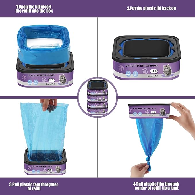 Litter Refill Bags Cartridges Compatible with Litter Genie – Extra Thick Leak-Proof Cat Waste Liners, Strong Odor Control, Tear-Resistant Easy Replace Refills，4 Pack