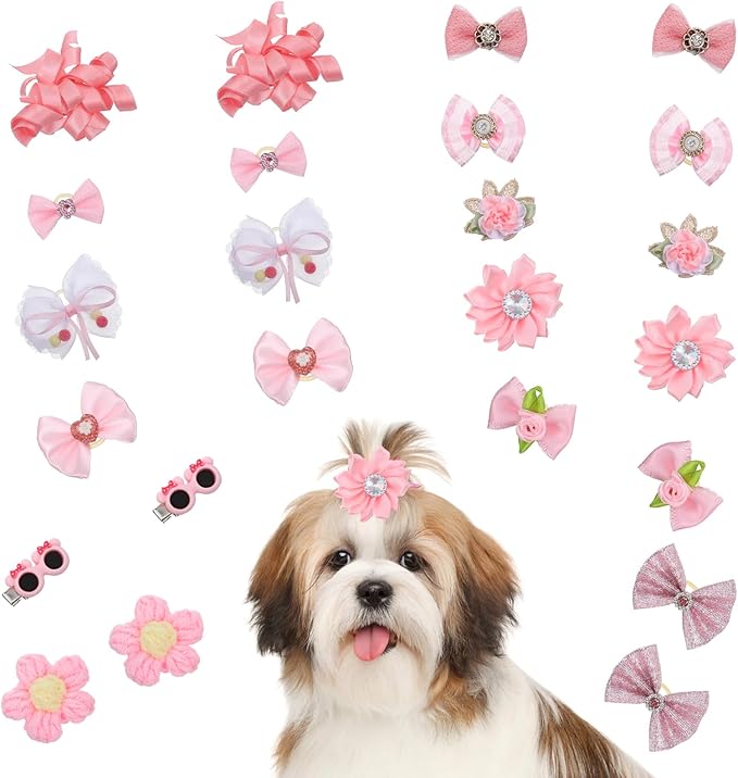20Pcs Light Pink Small Dog Hair Bows, Cute Puppy Dog Bowknot Hair Bow Bulk with Rubber Bands, Mix Color Cute Grooming Flower Ball Bowknot Top Knot for Holiday Daily Yorkie Dogs Accessories