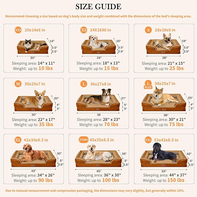 Comfort Expression Orthopedic Dog Bed for Large Dogs 36x27 Inch, Waterproof Supportive Egg Crate Foam Large Pet Bed with Removable Bolsters, Dog Couch with Washable Cover & Non-Slip Bottom, Orange