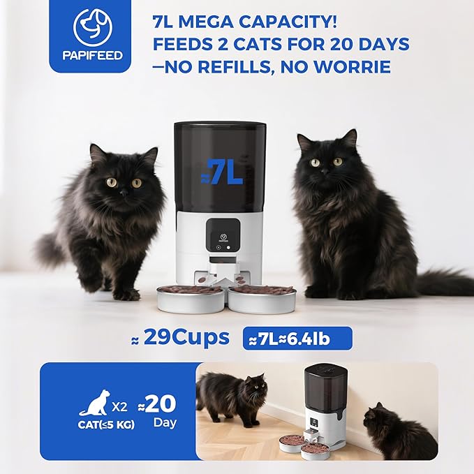 PAPIFEED 7L Automatic Cat Feeder for 2 Cats - 2.4G WiFi Timed Auto Feeder with APP Control, Cat Food Dispenser with Alexa for Multiple Cats, Detachable for Easy Clean, 1-10 Meals Per Day - White