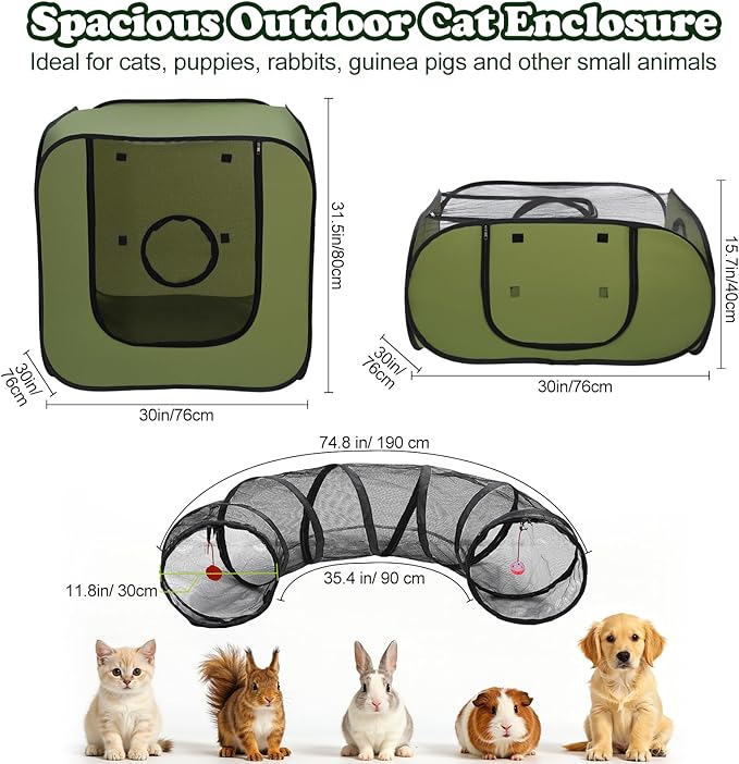 Cat Playpen, 3-in-1 Pop-up Outdoor Cat Enclosure with 2 Rooms 1 Tunnel, Breathable Pet Playpen for Indoor Outdoor Use, Portable Catio Tent with Carry Bag for Kitten Rabbit Small Animals, Green