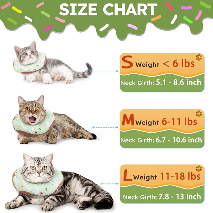 Cat Cone Collar Soft, Waterproof Cat Recovery Collars Spay Cones to Stop Licking Cute Donut E Collar After Surgery Anti-Lick Wound Healing Safety Elizabethan Collar for Kittens (Donut Green, Large)