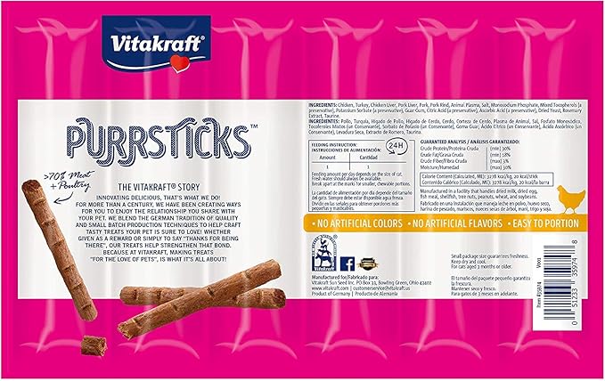 Vitakraft 18 Pack of Chicken Purrsticks Cat Treats