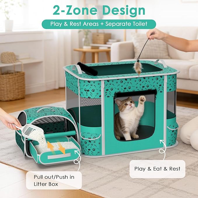 Cat Playpen - Portable Dog Playpen with Litter Box, Foldable Soft Dog Crate for Indoor/Outdoor, Pop Up Cat Enclosure, Collapsible Puppy Kitten Rabbit Cage Tent，2-Room