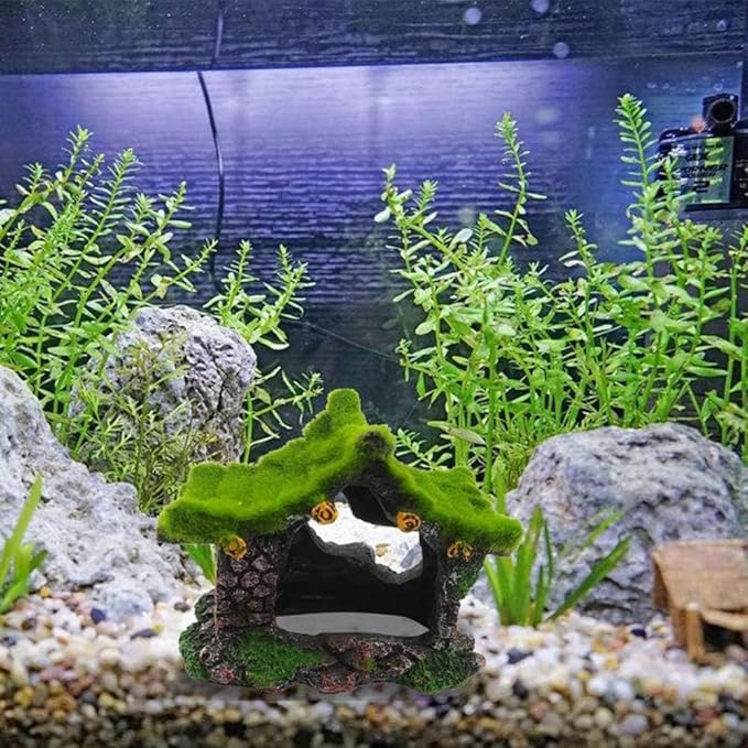 Tfwadmx Aquarium Decoration House Resin Hollow Hideout House,Small Betta Fish Hide Accessories Cave Ornament Tank Small Fish Shrimp Hideaway with Moss