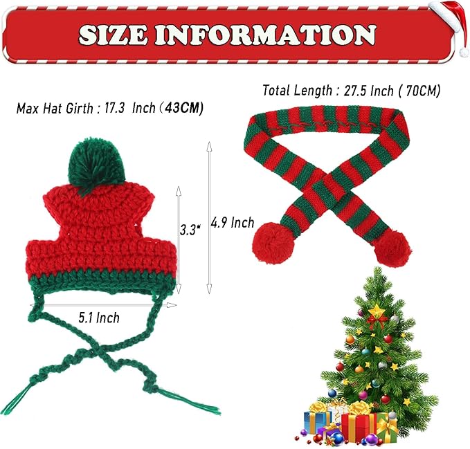 Cat Christmas Costume, Knit Pet Hat and Holiday Scarf Winter cat Outfits