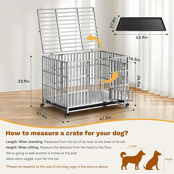 48" Heavy Duty Dog Crate, Escape Proof XL Stainless Steel Dog Kennel with Top Opening, 4 Lockable Wheels, Easy Clean Metal Dog Cage for Large/High Anxiety Dogs