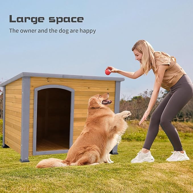 Extra Large Dog House Outdoor Weatherproof Wooden Dog Kennel Dog Houses for Large Dogs Outside Indoor Dog House Doghouse for Winter with Raised Feet, Natural