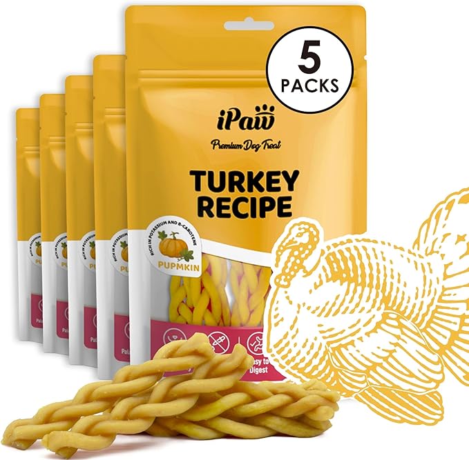 iPaw 5 Stock-Up Combo Turkey Dog Treats, All Natural Human Grade Dog Treat, Suitable for Training chew, US Sourced Raw Material, Hypoallergenic, Rawhide Alternative, Braided Stick (Pumpkin)