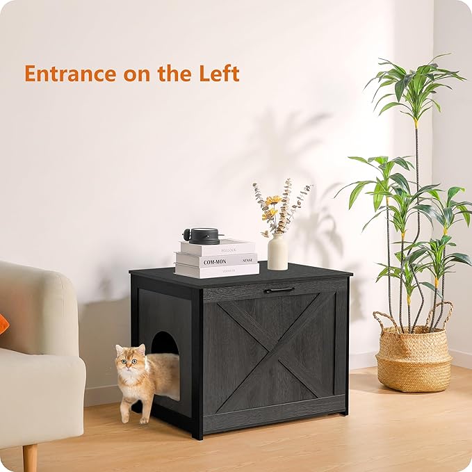 Dwanton Cat Litter Box Furniture Hidden, Cat Litter Box Enclosure, Reversible Entrance Can Be on Left or Right Side, Indoor Cabinet, Wooden Washroom, End Table, Nightstand, Dark Gray, 27.6" L