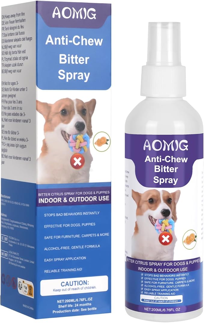 AOMIG Bitter Apple Spray for Dogs to Stop Chewing Licking, No Chew Spray for Dogs, Alcohol-Free Dog Deterrent Sprays to Anti-Chew Furniture Shoes, Indoor & Outdoor Safe Effective Training Aid, 200ml