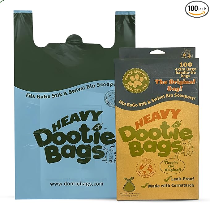 HEAVY Dootie Bags with EZ Tie Handles. Clean and Convenient for Pet Dog Poop, Cat Litter. Multi-Use. Great for Swivel Bin and Gogo Stik Scoopers. Made with Cornstarch. Strong, Leakproof and Very Large