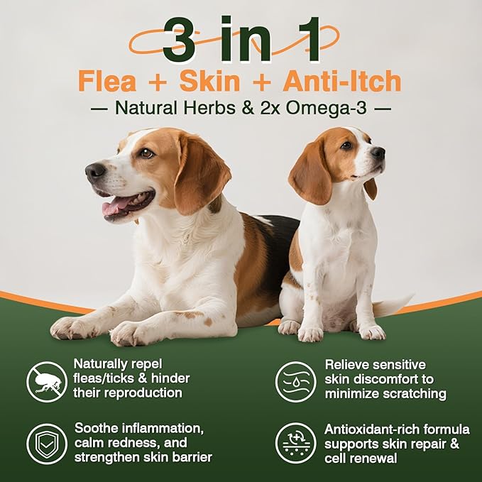 Omega 3-Dog Flea and Tick Prevention Allergy Chews for Dogs Treatment Chewable Natural Flea and Tick Skin and Coat Supplement Immune Dog Chews Yeast Relief Prevention for Dogs Itching and Licking