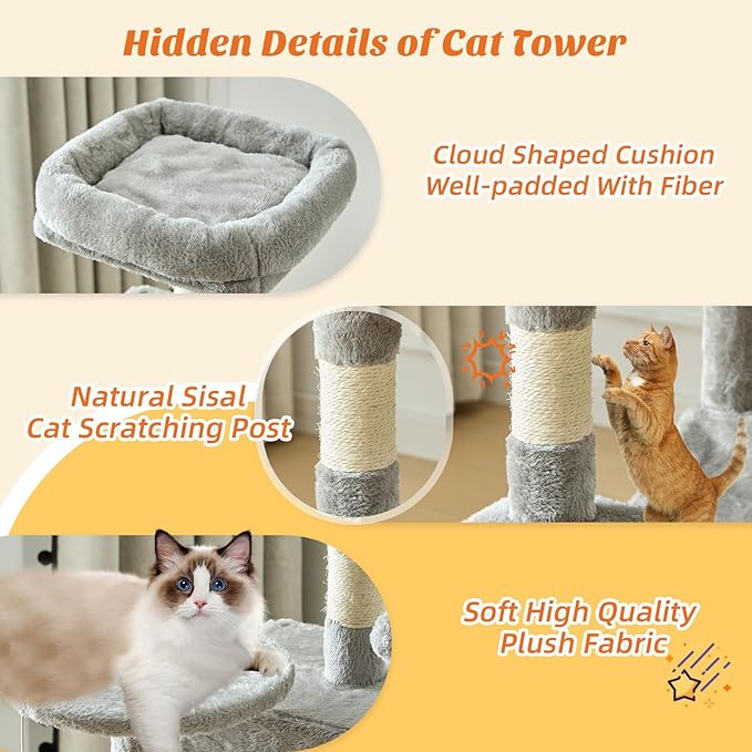 Sweetcrispy 44 Inch Cat Tree Tower, Cat Climbing Tower with Natural Sisal Scratching Posts, Hammock, Pet Condo for Indoor Cats and Kittens Play, Light Grey