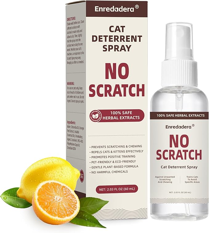Cat Deterrent Spray, Vet-Approved Cat Repellent Spray Indoor/Outdoor, 24H Citrus Spray Deterrent Stop Scratching in 5 Mins, Effective Training Aid Safe Cat Spray for Furniture, Plants(60mL)