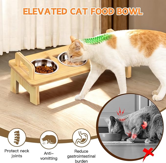 Bamboo Elevated Cat Bowls, 3 Stainless Steel Raised Cat Bowl with Stand, 15°Tilted Cat Feeding Station, Cat Food and Water Bowl Set for Small Cats and Puppy, Anti Vomitting, Whisker Fatigue (Natural)