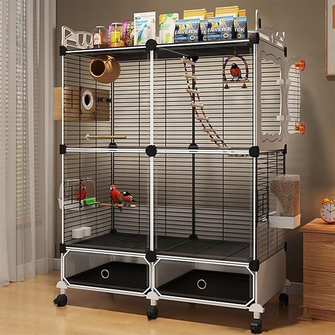 Large Parrot Cage with Acrylic Doors, 4 Casters, Perch & Feeder, Detachable Drawer, Ideal for Cockatiels, Budgies, Conures, Indoor/Outdoor Use – Spacious White Birdcage (Black, 72 * 36 * 106cm)