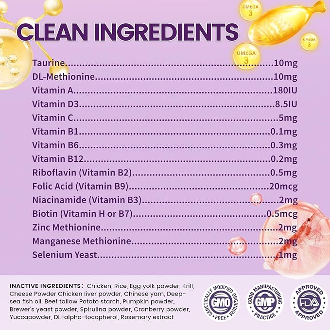 Cat Multivitamin with Fish Oil, 10 in 1 Taurine for Cats Vitamins Treats - 500 Crunchy & Creamy Chews Supports Energy, Bone, Joint, Skin & Coat Health - with Omega 3s, Biotin for All Breeds & Ages