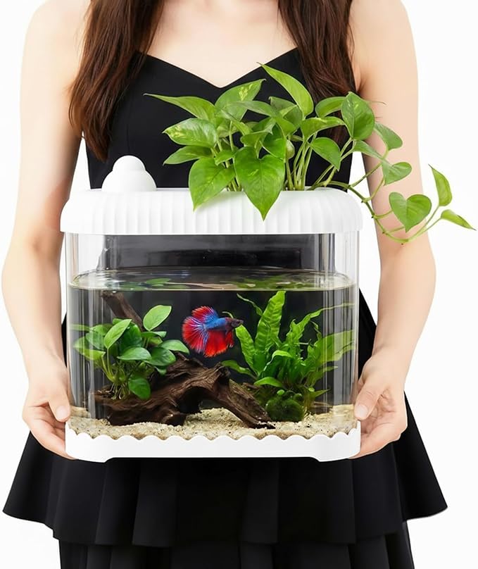 Geelin White 2.5 Gallon Plastic Aquaponic Betta Fish Tank Large Bowl Shatterproof Small Ecosystem Aquarium with Secure Buckle Lid, Clear Clarity for Terrarium, Flower Vase Betta Fish Tabletop Gifts