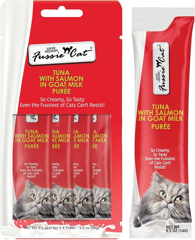 Fussie Cat Premium Tuna with Salmon in Goat Milk Puree, lickable cat Treats, 0.5oz Pouch Pack of 4