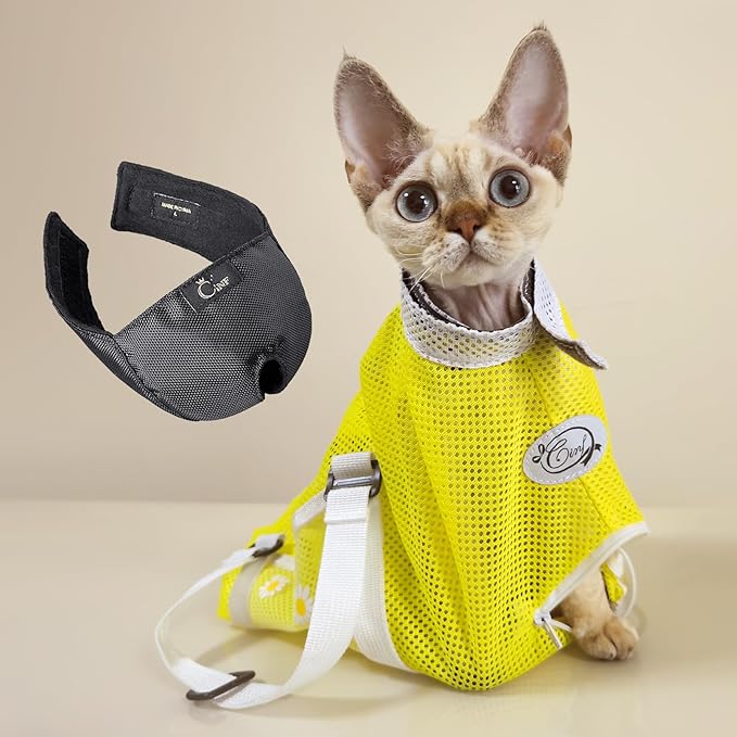 Cinf Cat Bathing Bag(Free Muzzle) Breathable Mesh Anti Scratch Adjustable Cat Grooming Bag for Nail Trimming, Bathing Soft Cat Washing Bag(Yellow) M