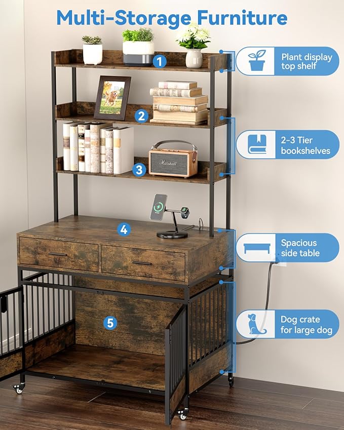 Petrova 39" Dog Crate Furniture for 1 Dogs, Heavy Duty Indoor Dog Kennel for Small/Medium Dogs, Wooden Dog Cage with 2 Storage Drawers, Charging Station, LED Light, Lockable Wheels, Brown