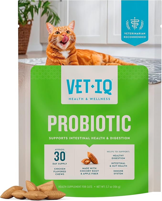 VetIQ Cat Probiotics Supplement – Probiotic, Prebiotic & Postbiotic for Cats, Digestive & Gut Health Support, Constipation & Diarrhea Relief, Chicken Flavored, 3.7 oz