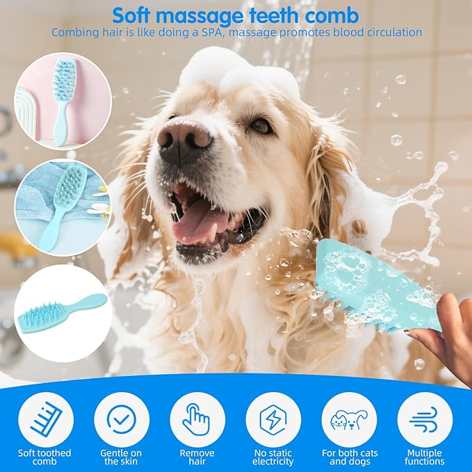 Aglads 3PCS Cat Rabbit Bunny Dog Grooming Kit, Self-Cleaning Slicker Cat & Dog Brush for Shedding, Fine-Needle Comb, Pet Nail Clipper & File for Long/Short-Haired Pets, Easy to Remove Loose (3, blue)