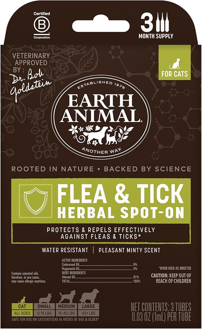 Earth Animal Apothecary Natural Flea & Tick - Herbal Spot-On for Cats - 3 Applications (3 Month Supply)