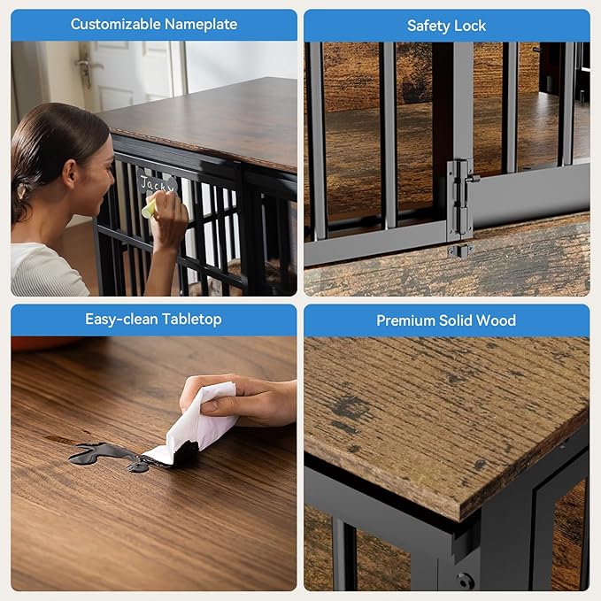 Petrova 47" Dog Crate Furniture for 1 Dogs, Heavy Duty Indoor Dog Kennel for Medium/Large Dogs, Wooden Dog Cage with Sliding Barn Door, Name Tag, Rustic Brown