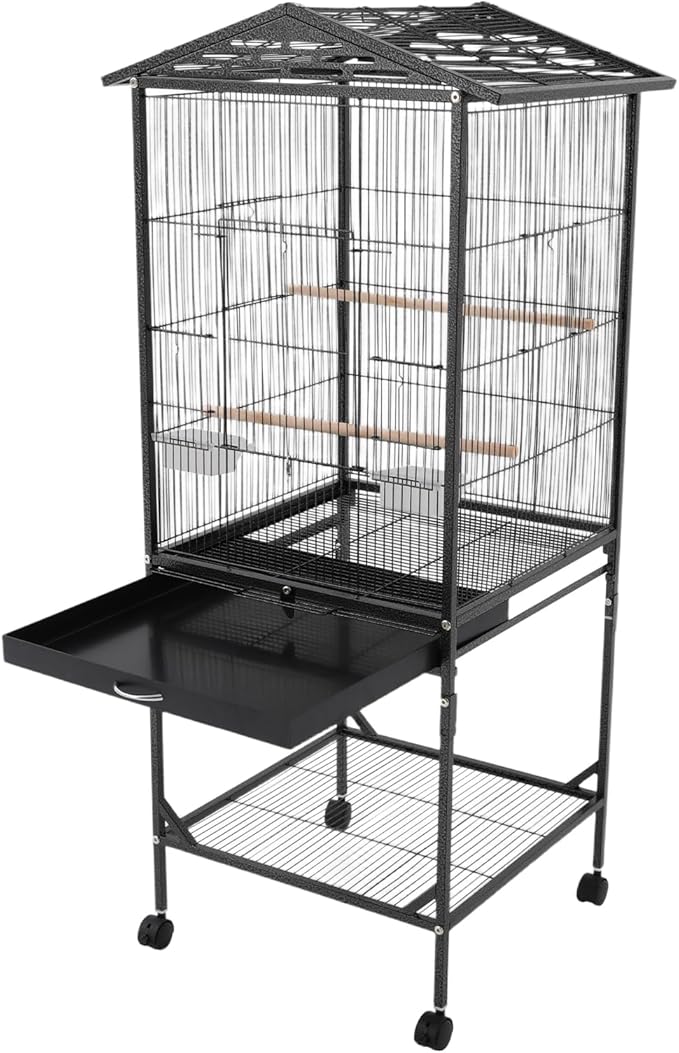 Bird Cage with Wheels, Breeding Cage Wrought Iron Flight Cage with Wooden Stand, Removable Tray & Feeding Bowls for Parrots, Canaries, Lovebirds Finches, 18" L x 18" W x 54" H