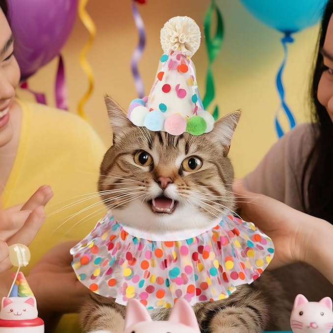 Cat Birthday Hat Outfit Bandana Scarf, Party Hat Dog Costumes Cute Lace Puppy Bib Scarf Party Decorations Set for Small Medium Cats & Doggy