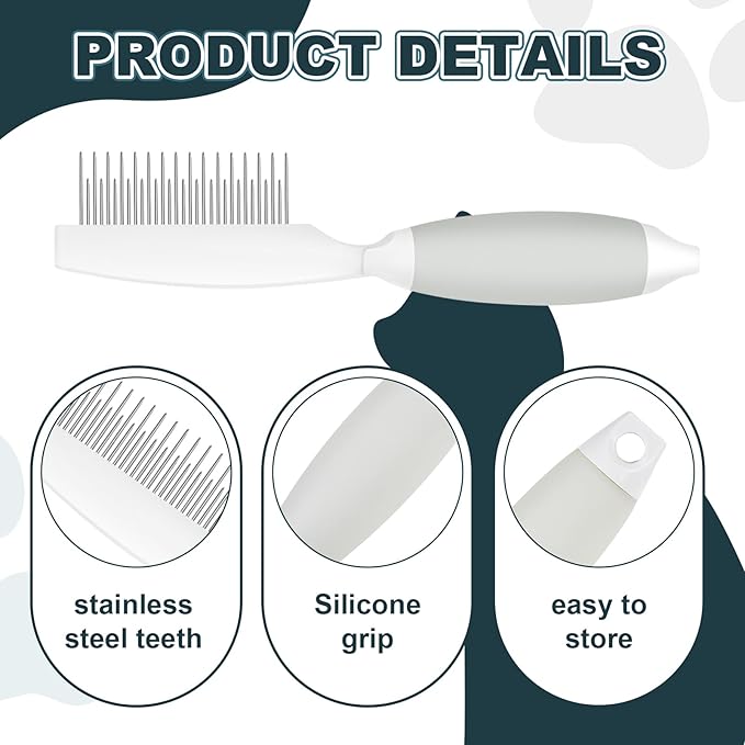 Premium Cat Comb - Professional Dog Comb with Dual-Length Stainless Steel Teeth & Ergonomic Silicone Handle - Versatile Comb for Long & Short Hair, Rabbits & More