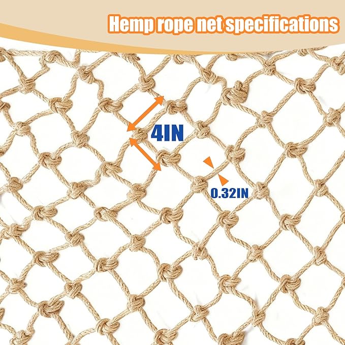 Jute Hemp Rope Net Balcony Safety Net for Kids Climbing Cargo Net Outdoor Playground Rope Net Safety Netting for Railings Stair Protection Net Indoor Outdoor Decorative Net