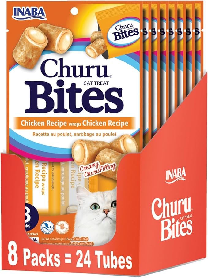 Inaba Churu Bites for Cats, Grain-Free, Soft/Chewy Baked Chicken Wrapped Churu Filled Cat Treats with Vitamin E, 1.05 (Pack of 8)