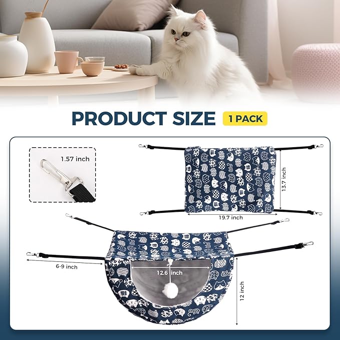 Cat Hammock for Cage with Ball,Hanging Pet Hammock Bed Adjustable,Double Layer Soft Sleeping Hammock for Cats,Ferret,Puppy,Rabbits,Small Animals,1Pack (Blue)