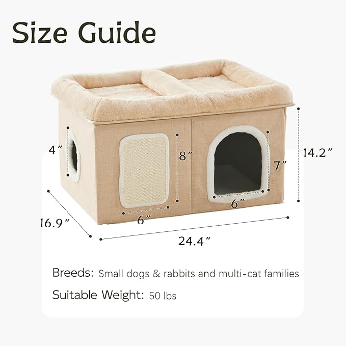 WINDRACING Cat Beds for Indoor Cats - Extra Wide Cat House for Pet and Foldable Cat Cave Bed with Scratch Pad, Cat Hideaway Condo for Kitten, 24.4x16.9x14.2 inches, Beige
