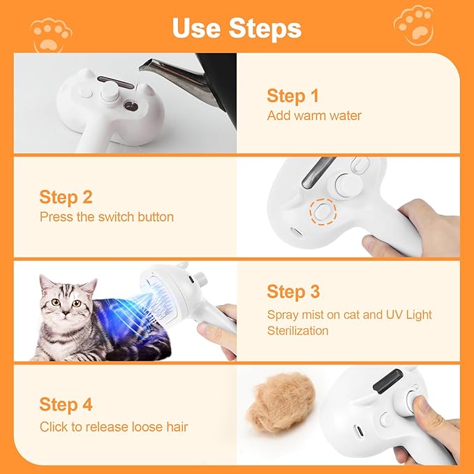 Pet Steam Brush for Dogs, 4 in 1 Cat Steam Brush for Long Short Haired, Self Cleaning Brush for Shedding, Metal Pet Misting Hair Comb with Handle for Grooming Kitten Dog(White)