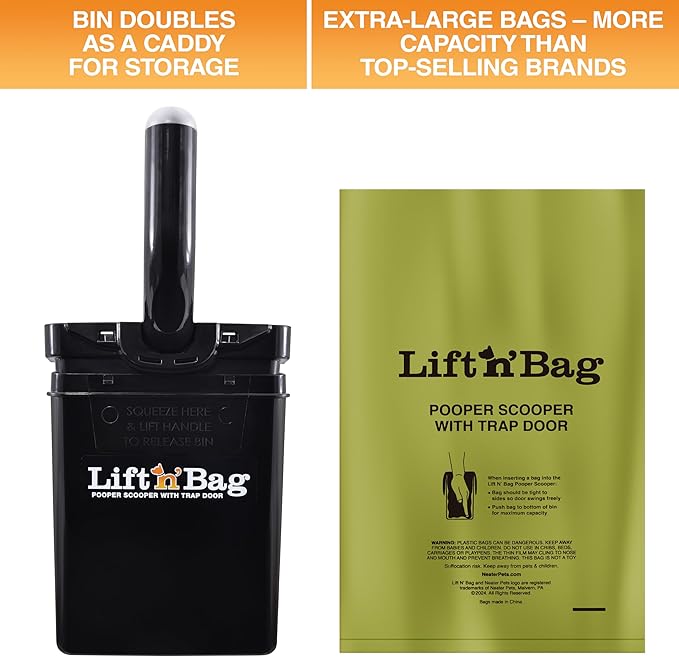 Neater Pet Brands Lift N’ Bag 2.0 Dog Pooper Scooper with Bag Attachment for Small to Large Dogs, New & Improved Design, 15 Refill Bags, Heavy Duty Dog Poop Scooper for Yard & Walks, One-Hand Use