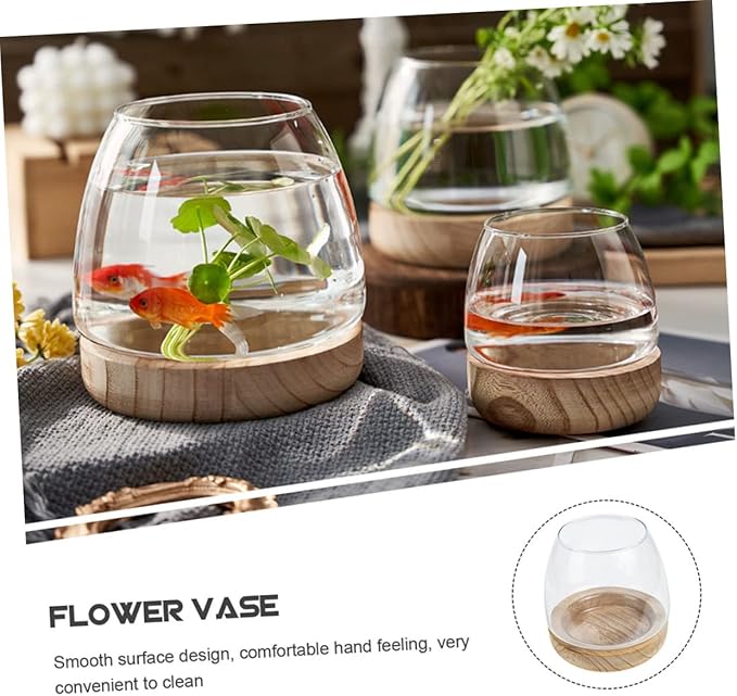 Sosoport 1set Decorative Glass Planter Wooden Base Unique Betta Fish Bowl Hydroponic Plants Container for Desktop Decor for Home Office Wedding Garden Settings