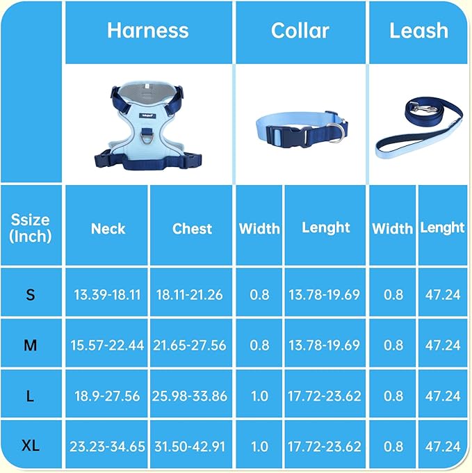 No Pull Dog Harness Leash and Collar Set, Soft Adjustable Dogs Vest Reflective and Comfortable Handle Blue Small