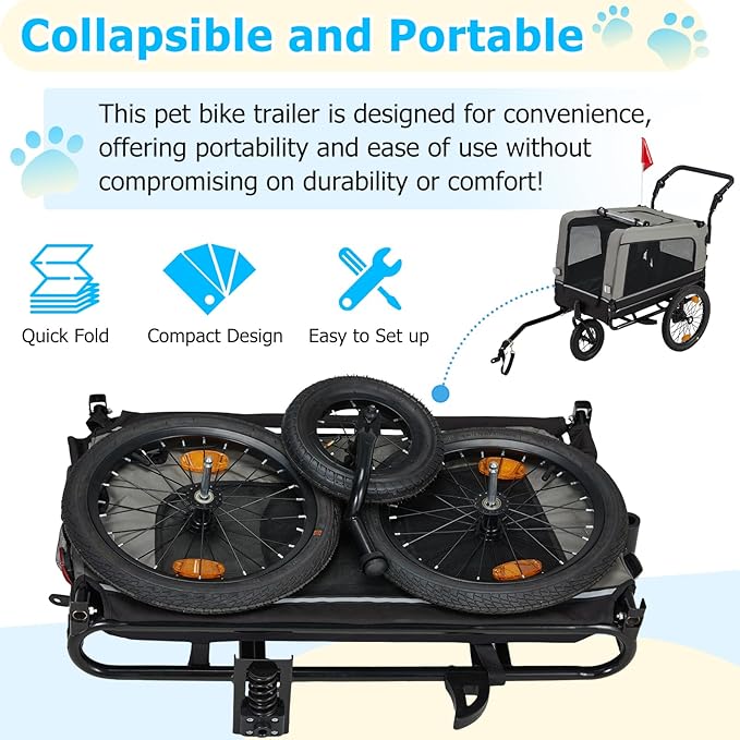 Foldable Pet Bike Trailer for Dogs up to 88 lbs – Universal Hitch Bicycle Carrier with Shock‑Absorbing Tires, Mesh Ventilation & Quick‑Release Wheels (55″/57″)