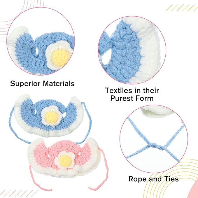 2 PCS Flower Cute Knit Pet Hat, Soft Knitted Cat Bunny Costume Halloween Easter Christmas, Small Accessory Hats for Kitten Pet Rabbits Dog Guinea Pig Daily Dress Up (Blue, Pink)