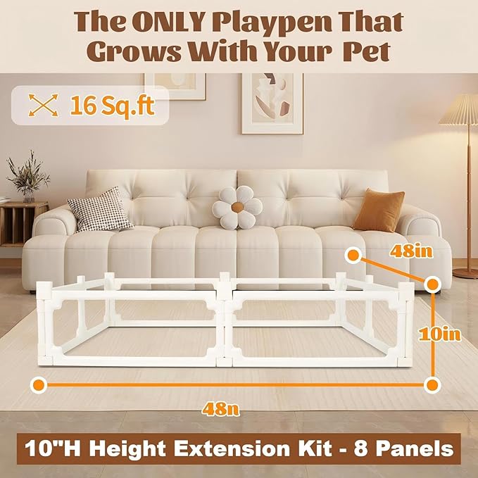 FlexiSpace 10" Height Extension Customizable Height & Space Clear Acrylic Dog playpen Indoor, The ONLY Play Pen That Grows with Your Pets (White, 10" Height Extension, 8 Panels)