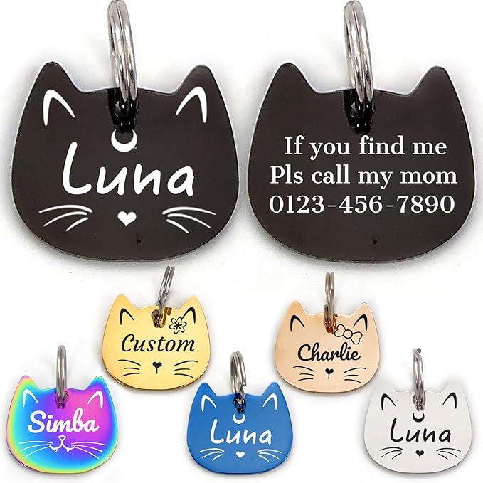 Stainless Steel Cat ID Tag Personalized Pet Tags with up to 4 Lines of Custom Text, Small Pet Mini Dog Cat Tag Lightweight, Engraved on Both Sides, Multiple Patterns Colors Size Options (cat)
