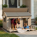 59" L Extra Large Dog House Outdoor for 2 Dogs, XL Wooden Dog House Pet Shelter Weatherproof with 2 Window, Openable Roof, All-Around Iron Frame, Removable Floor, Balcony for Large Small Dogs