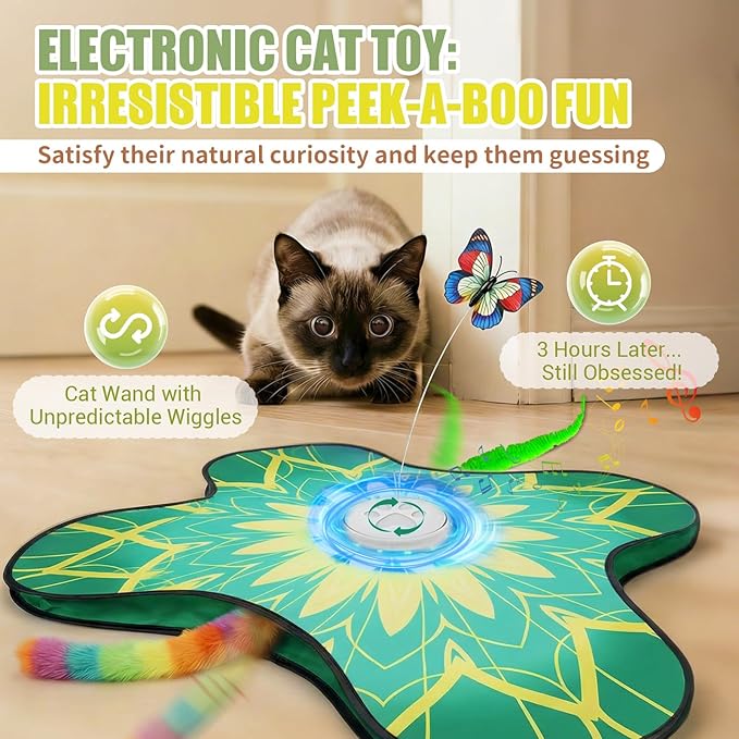 Interactive Cat Toy for Indoor Cats, Touch Activated Automatic Electronic Cat Toy with Sound On/Off, Dual Wands, Non-Slip Suction Cups, Rechargeable Hide and Seek Cat Play Mat for Bored Adult Kittens