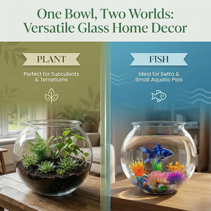1 Gallon Round Plastic Fish Bowl Set, Crystal Clear Plastic Aquarium for Fish with 5 Decorative Plants and 8.8oz Colorful Stones, Small Fish Tank for Home Decoration