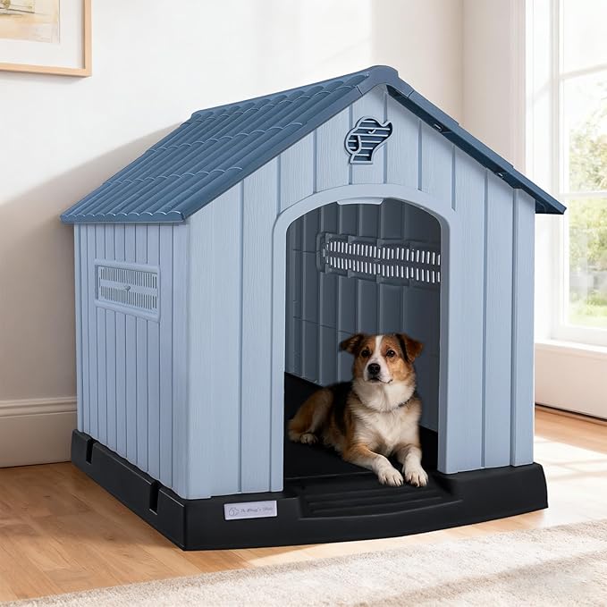 LEMBERI Plastic Dog House for Medium Dogs, Durable Waterproof Indoor Outdoor Doghouse with Air Vents and Elevated Floor, Easy to Assemble (Light Blue, 33.5" L x 31.5" W x 33.9" H)