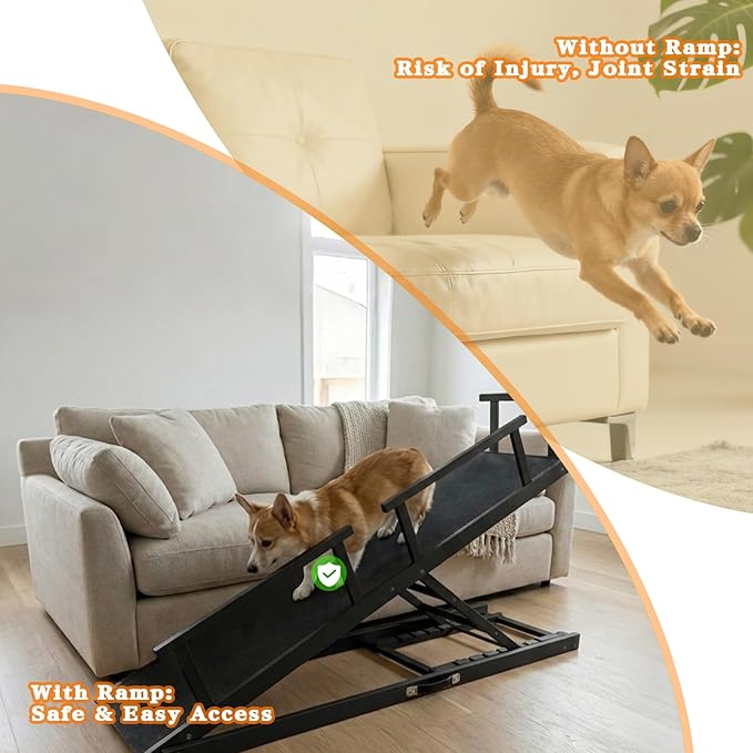 7 Adjustable Dog Ramp for Bed, Couch - 63" Foldable Birchwood Dog Ramp with Safety Rails, Non-Slip EVA Surface & DIY Glow in The Dark Strips, Wooden Pet Ramp for Large Dogs Supports 250Lbs